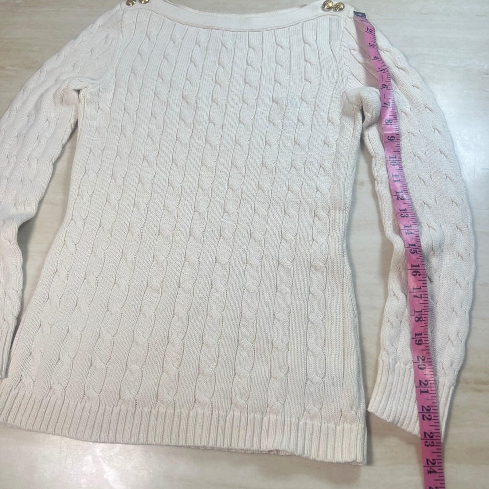 LAUREN Ralph Lauren Cream Cable Knit Boat Neck Sweater Gold Button Detail Size S - Picture 9 of 12